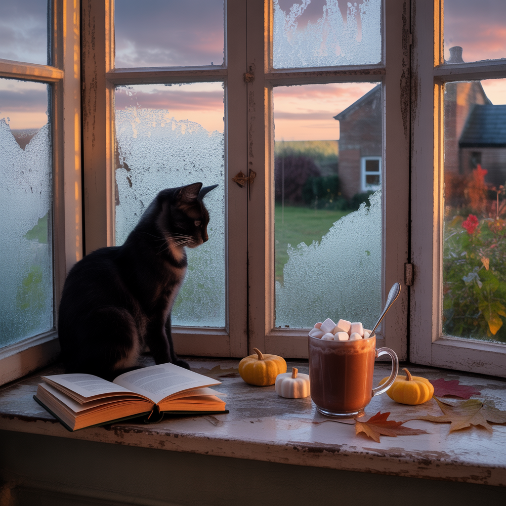 A cozy window seat scene featuring autumn mystery books and a black cat silhouette, with golden light filtering through maple leaves and a steaming mug of hot chocolate on the windowsill.