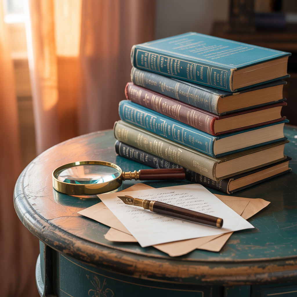 Vintage cosy mystery books arranged on an antique wooden table with magnifying glass and reading spectacles, bathed in warm golden light