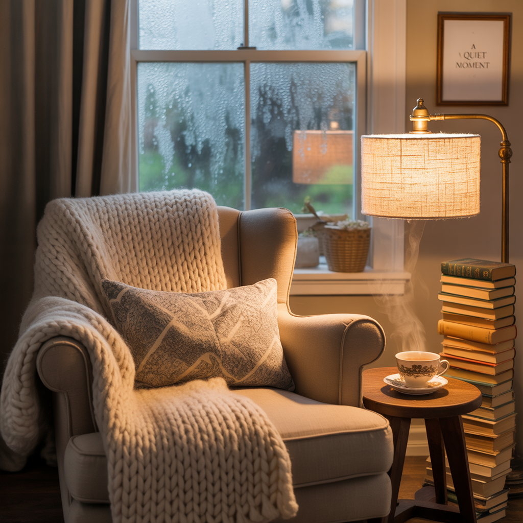 A cosy reading corner with vintage armchair, open mystery book, and steaming tea cup beside a rain-streaked window with warm golden light filtering through lace curtains