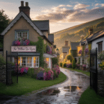 A warmly lit, nostalgic village scene at sunset, featuring vintage cottages, reflective metallic streetlamps, and lush greenery, creating a comforting atmosphere perfect for cosy mystery lovers.