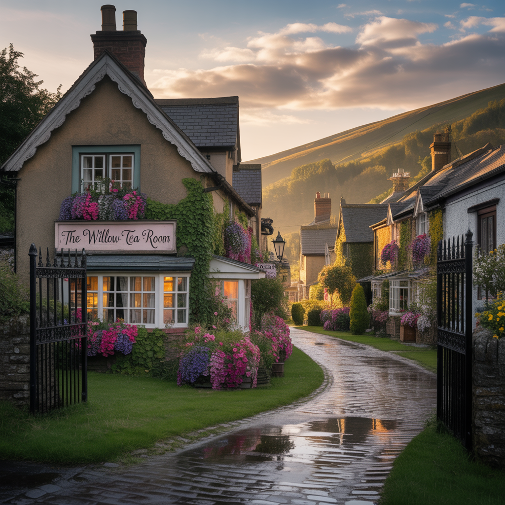A warmly lit, nostalgic village scene at sunset, featuring vintage cottages, reflective metallic streetlamps, and lush greenery, creating a comforting atmosphere perfect for cosy mystery lovers.