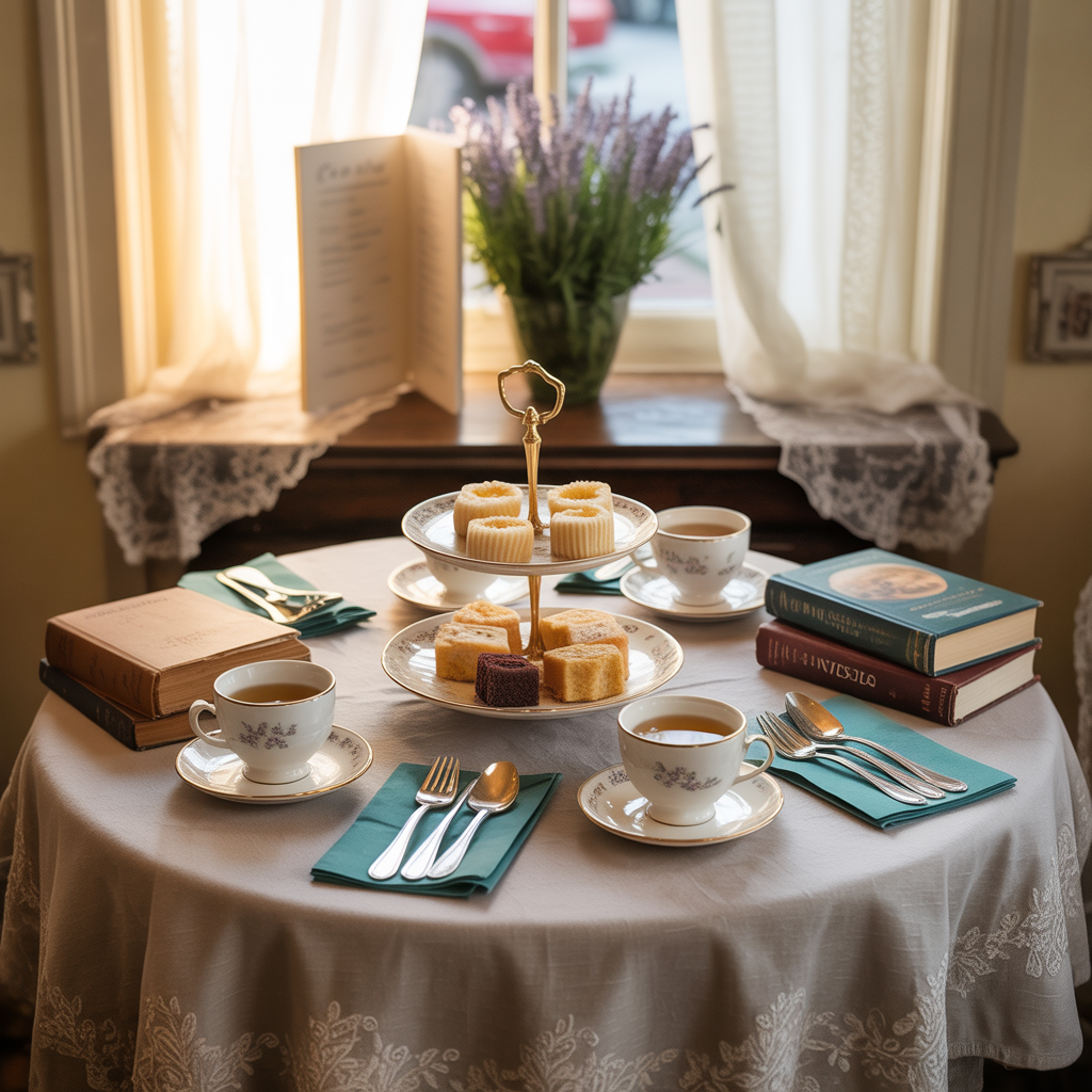 A charming cafe table set for afternoon tea with vintage china, tiered cake stand, and cosy mystery books, creating a welcoming social atmosphere in soft natural light