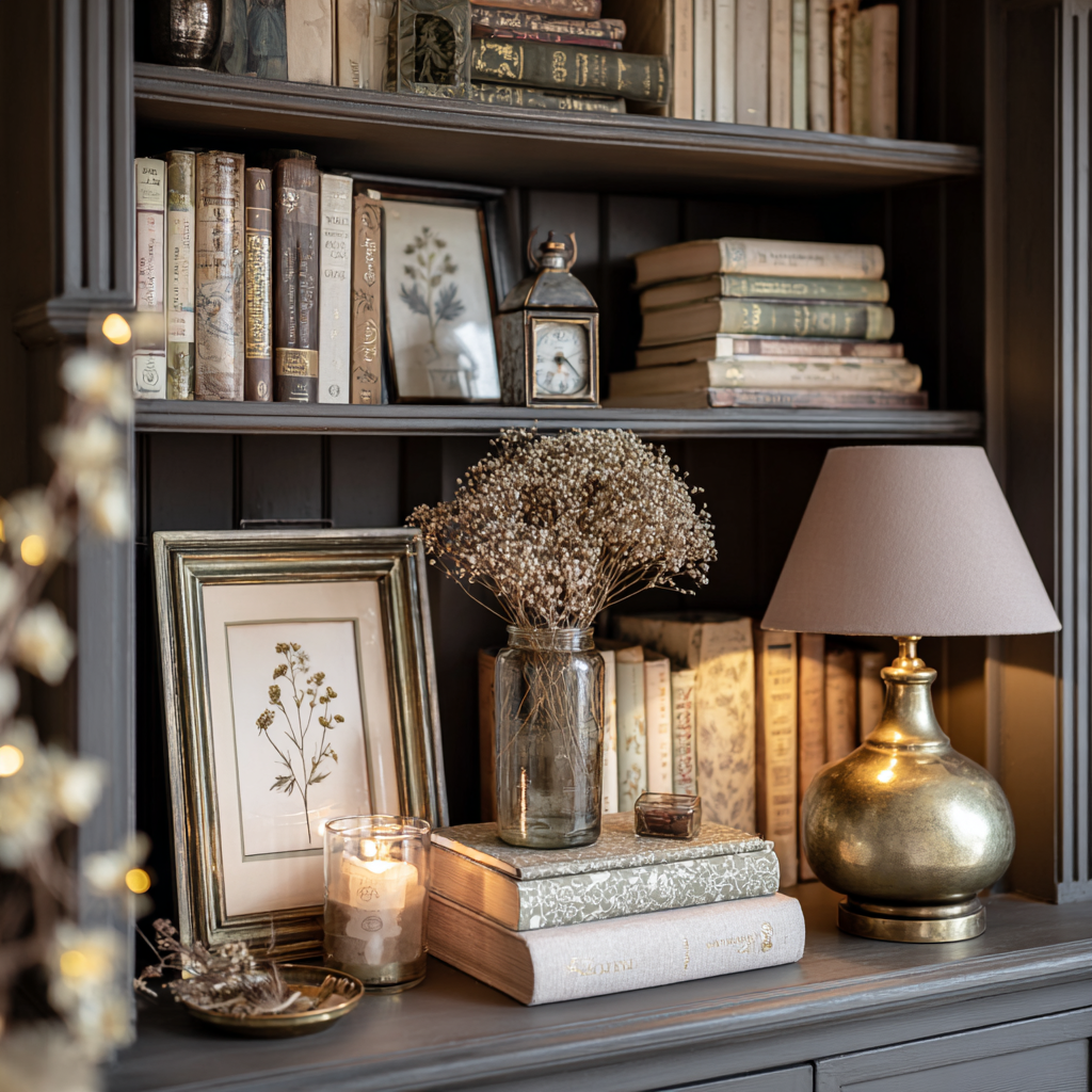 Vintage bookshelf styling with brass lamp, books, and soft fairy lights
