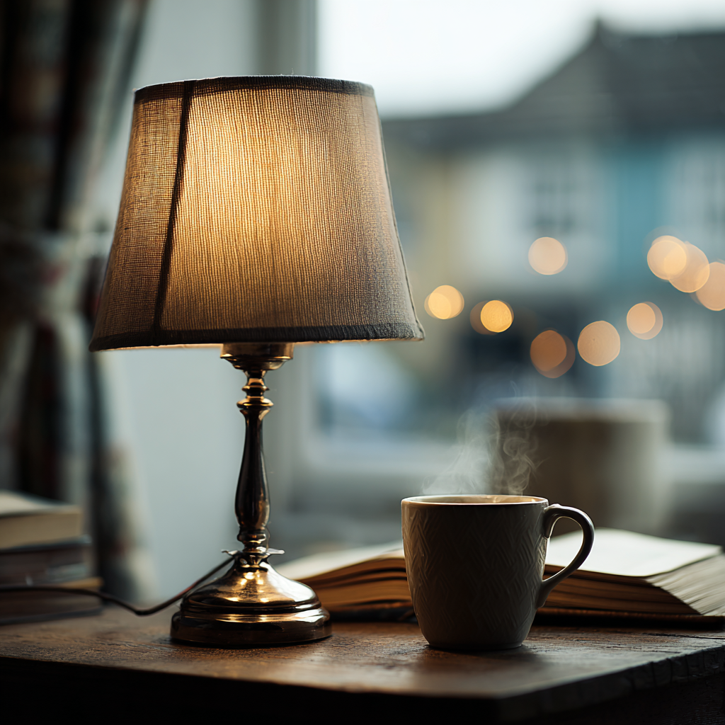 Warm brass lamp lighting a side table with tea and an open book