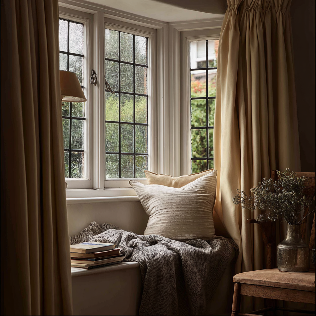 Bay window corner with books and soft curtains on a rainy day
