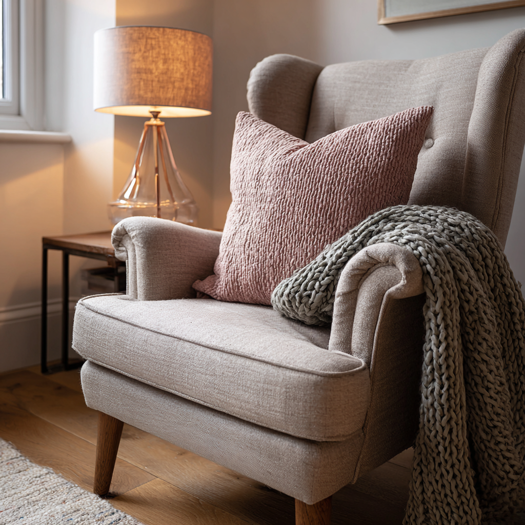 Wingback chair with dusty rose cushion and sage knit throw