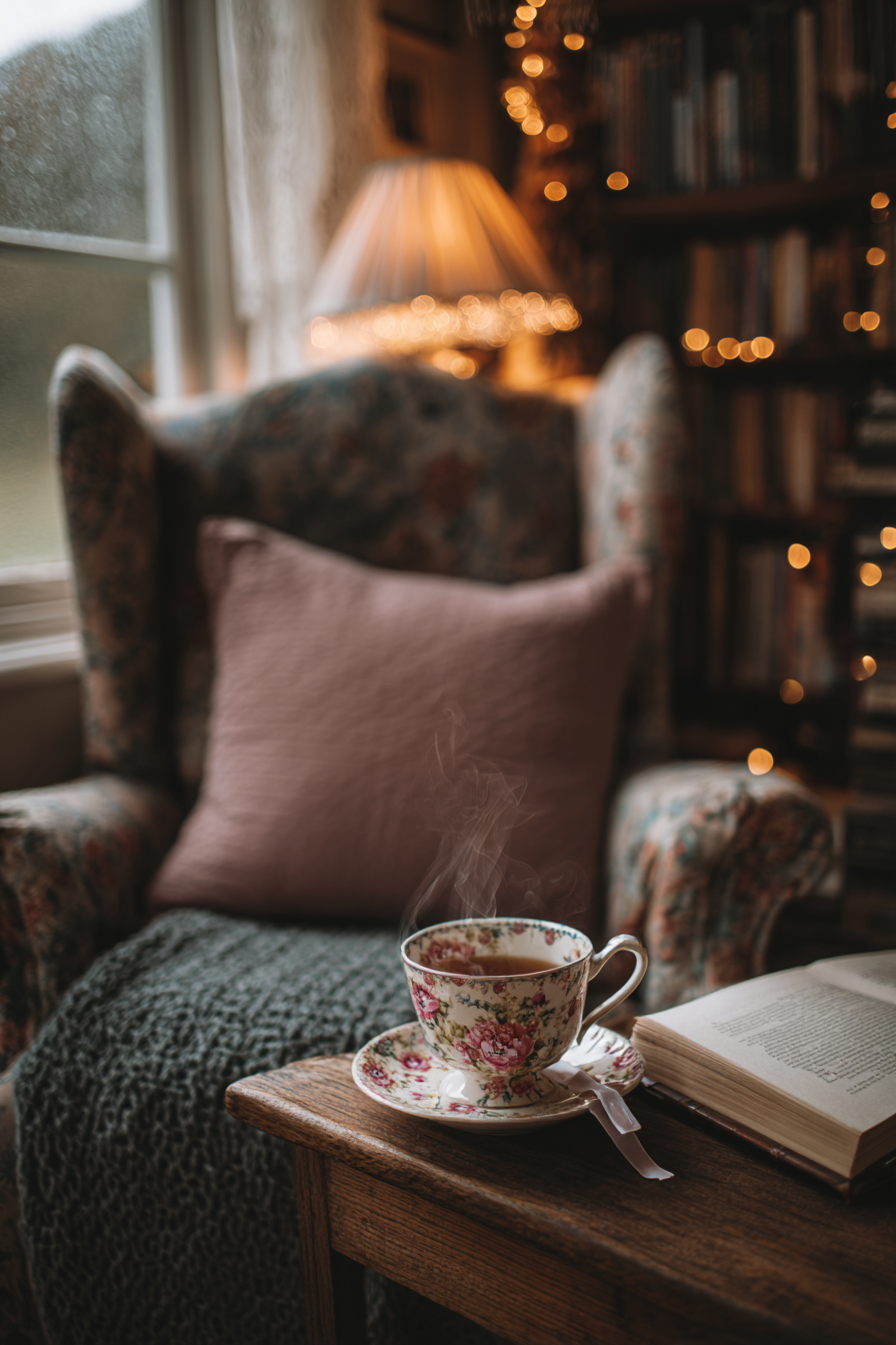 Cosy reading nook with steaming tea, open book, and warm lamplight