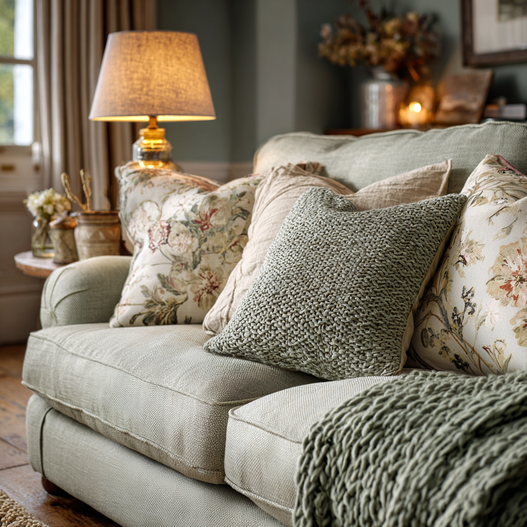 Layered cushions and chunky knit throw in a cosy reading corner
