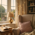 Vintage reading nook with wingback chair, brass lamp, and rainy bay window