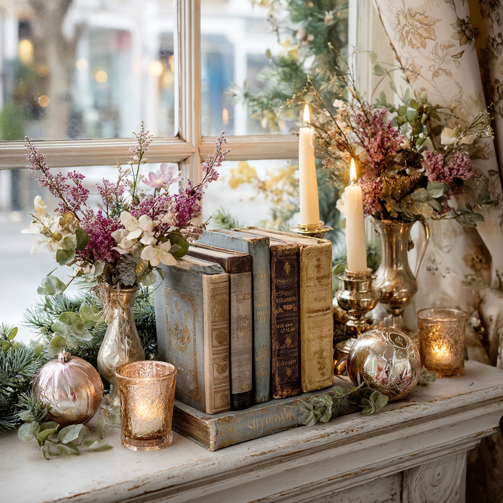 A Victorian cottage mantelpiece decorated for Christmas with vintage mystery books nestled between flickering candles, holly sprigs, and rose gold ornaments, with warm firelight creating a cozy reading atmosphere.