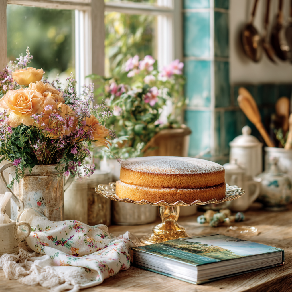 A cosy kitchen scene featuring freshly baked Victoria sponge cake, open mystery cookbook, and knitting project, bathed in warm golden light through a cottage window