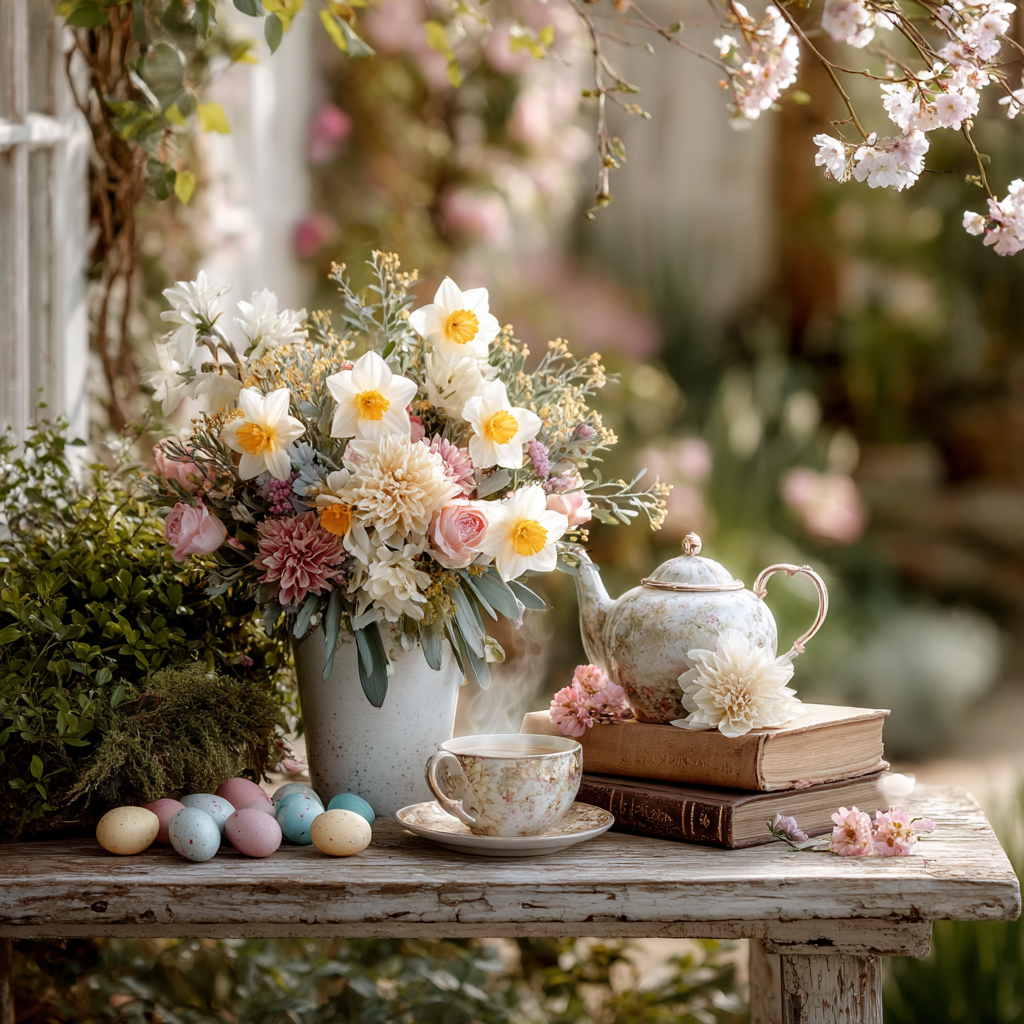 A charming cottage garden tea setting with mystery books and fresh daffodils in a vintage teapot, surrounded by Easter eggs and cherry blossom petals in soft morning light.