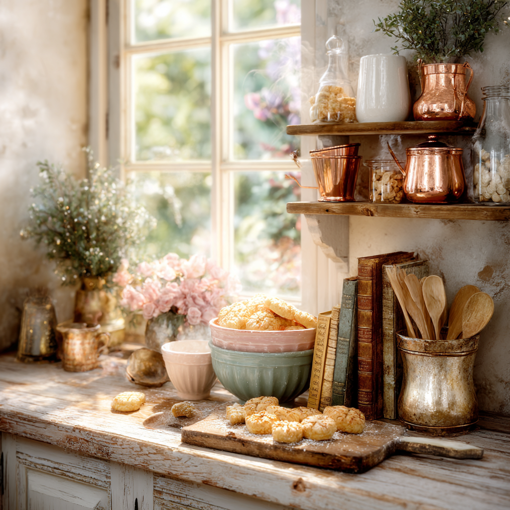 A cozy cottage kitchen scene with mystery books propped beside baking ingredients, featuring vintage mixing bowls, fresh cookies, and a steaming kettle in warm golden light.