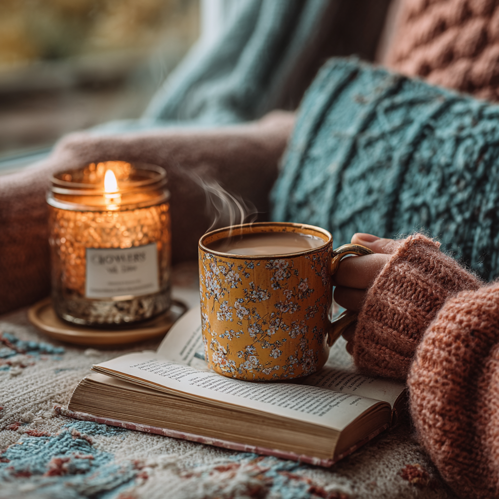 Peaceful hands holding a cosy mystery book with steaming tea and lit candle nearby, creating a warm, stress-relieving reading atmosphere