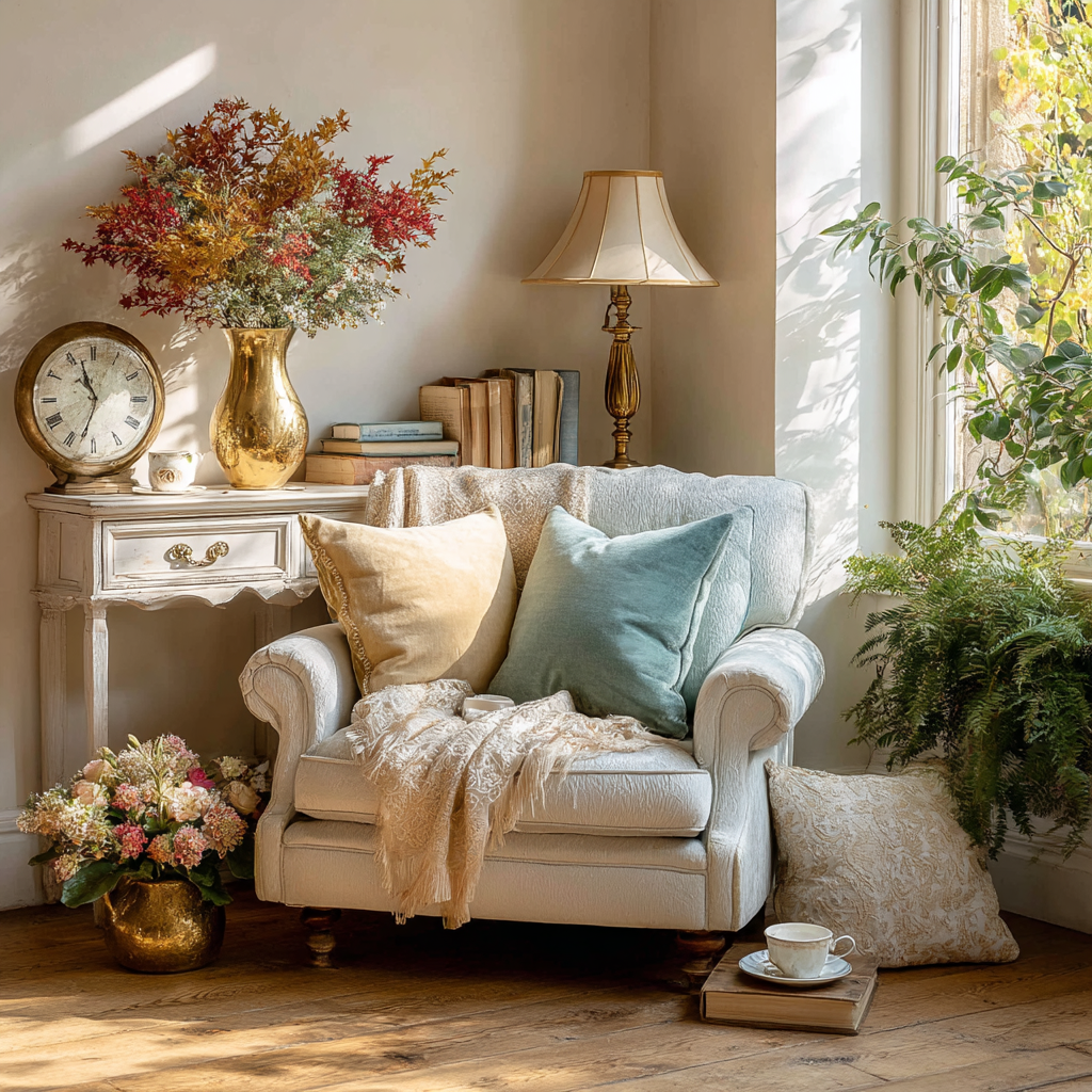A perfectly arranged cosy reading nook with vintage armchair, soft throws, tea service, and antique lamp, creating an inviting corner bathed in warm golden light