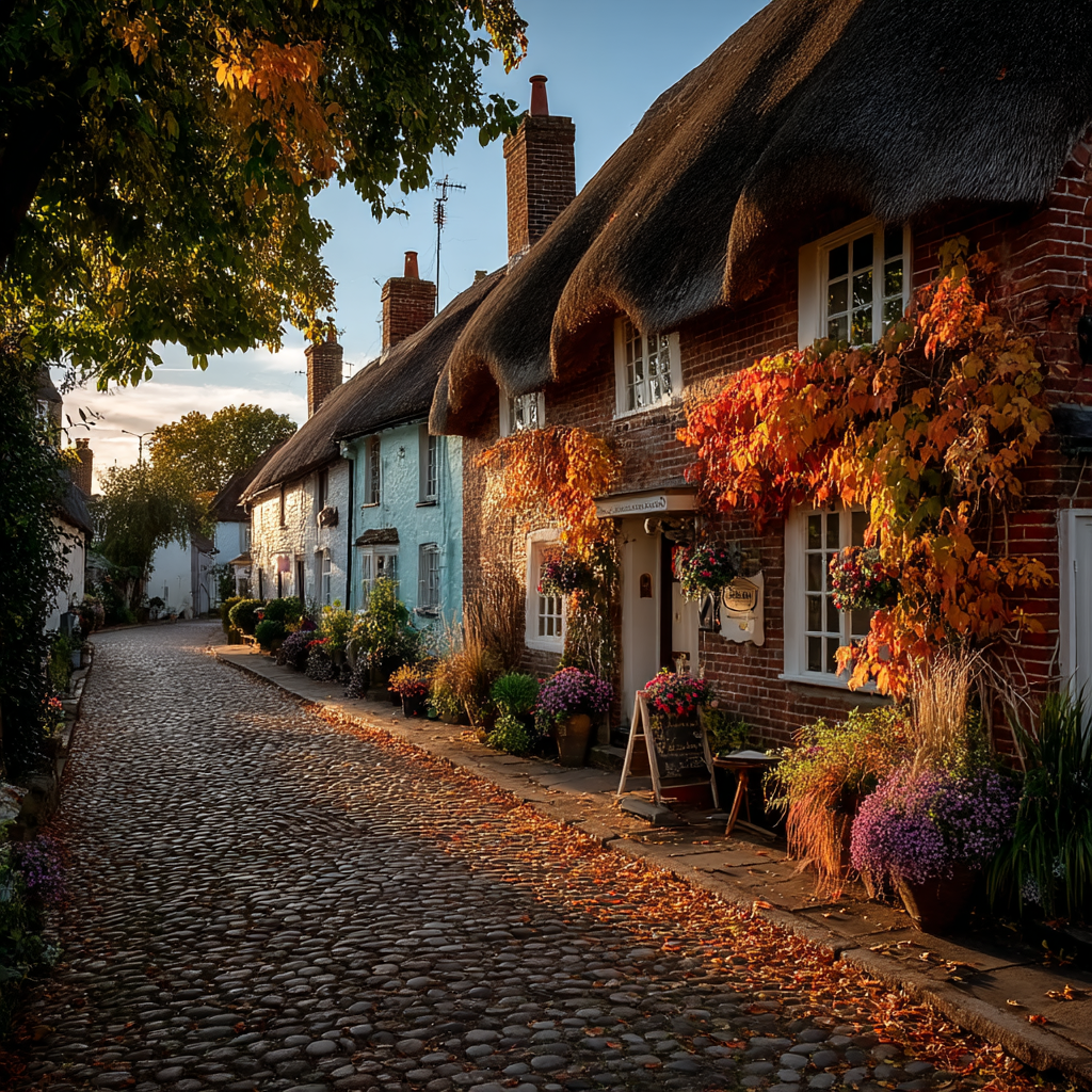 A charming English village scene with thatched cottages, cobblestone street, and a traditional tea room, captured in warm golden hour light