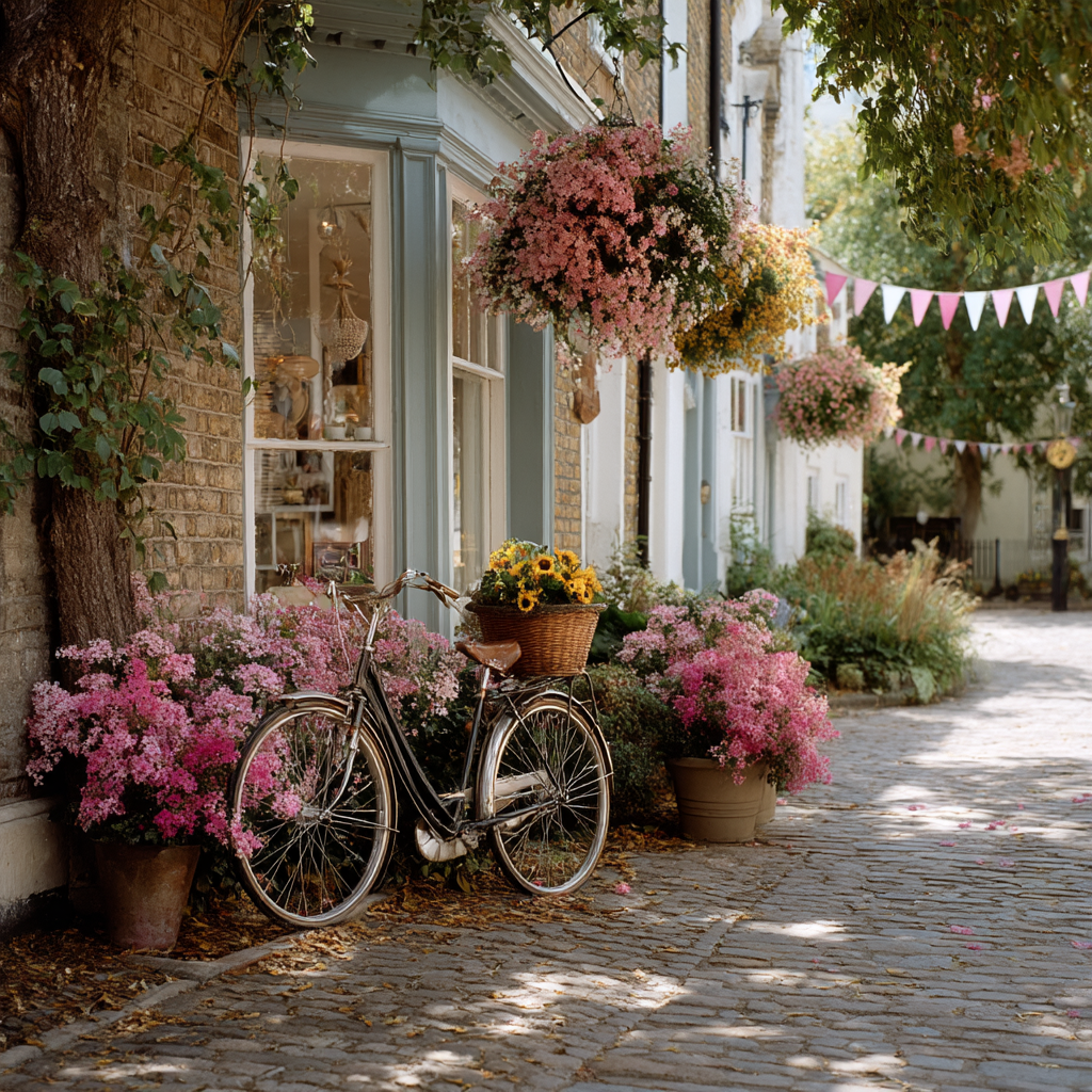 A picturesque village high street during a holiday festival, featuring a cozy mystery bookshop window display with Victorian cottages, festival bunting, and a vintage bicycle with flowers.