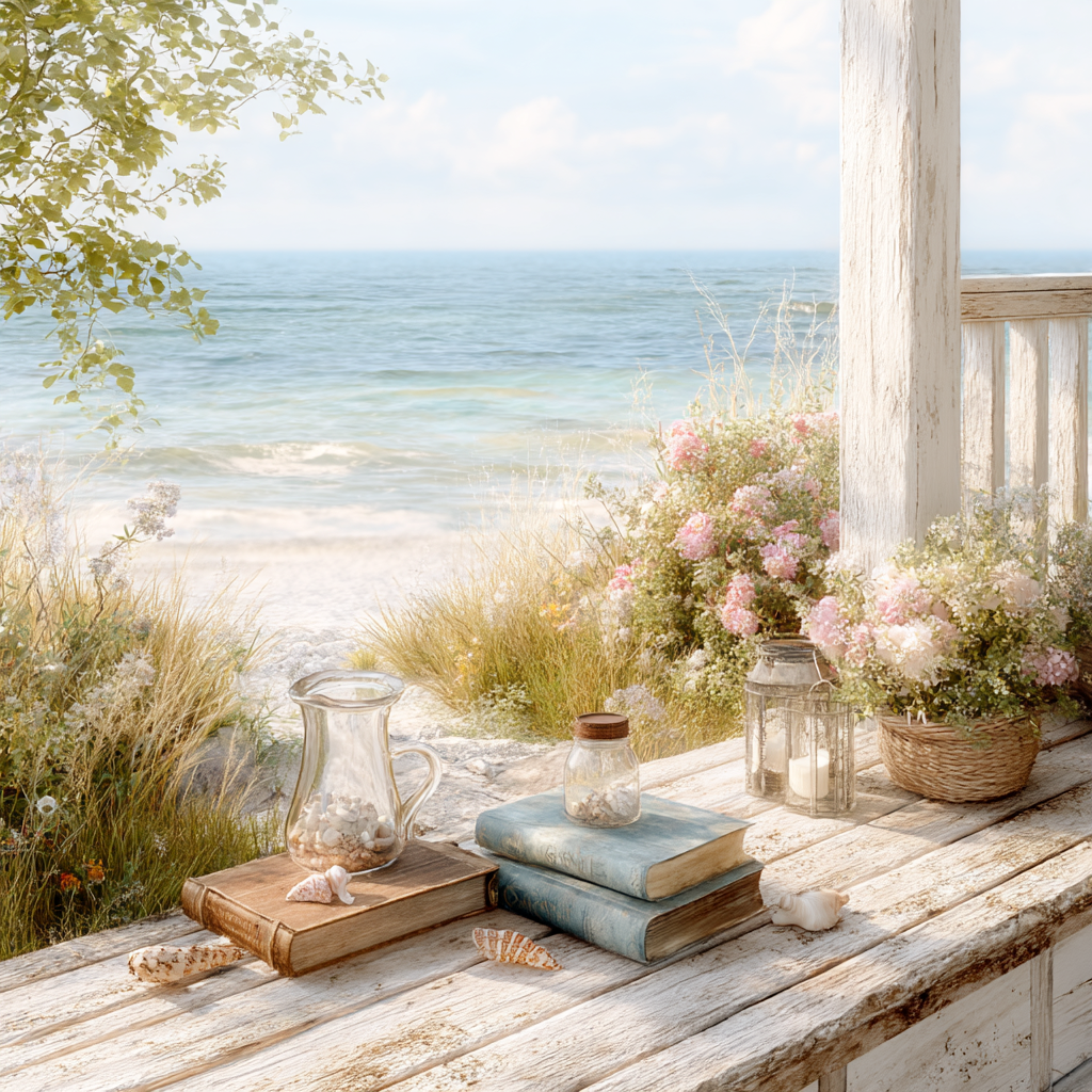A charming seaside cottage porch with mystery books and iced tea on a weathered table, overlooking gentle ocean waves during golden hour with seashells used as natural bookmarks.