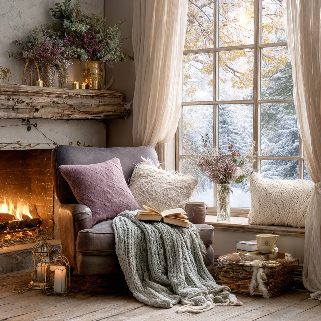 A snow-covered cottage reading nook featuring winter mystery books by a crackling fireplace, with frost-patterned windows and cozy knitted blankets creating the perfect winter reading atmosphere.