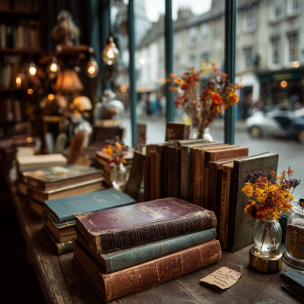 A quaint British charity shop interior with vintage books on wooden shelves, soft natural light highlighting an old Agatha Christie novel among the collection