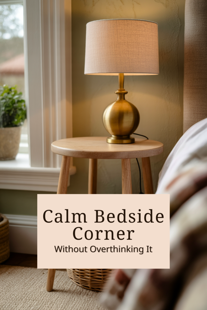 Calm bedside corner with a warm lamp, tidy surface and soft textiles in a cosy bedroom.