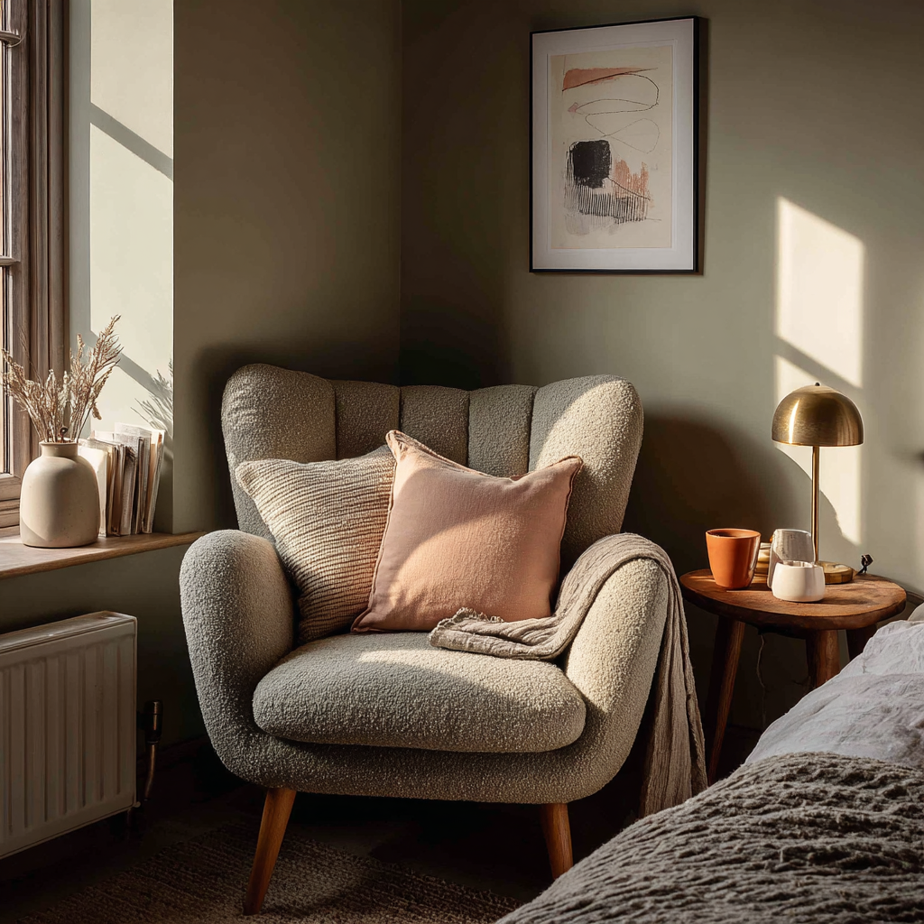 Calm bedside corner scene with a soft lamp glow, tidy side table and neutral textiles, creating a relaxing bedroom nook.