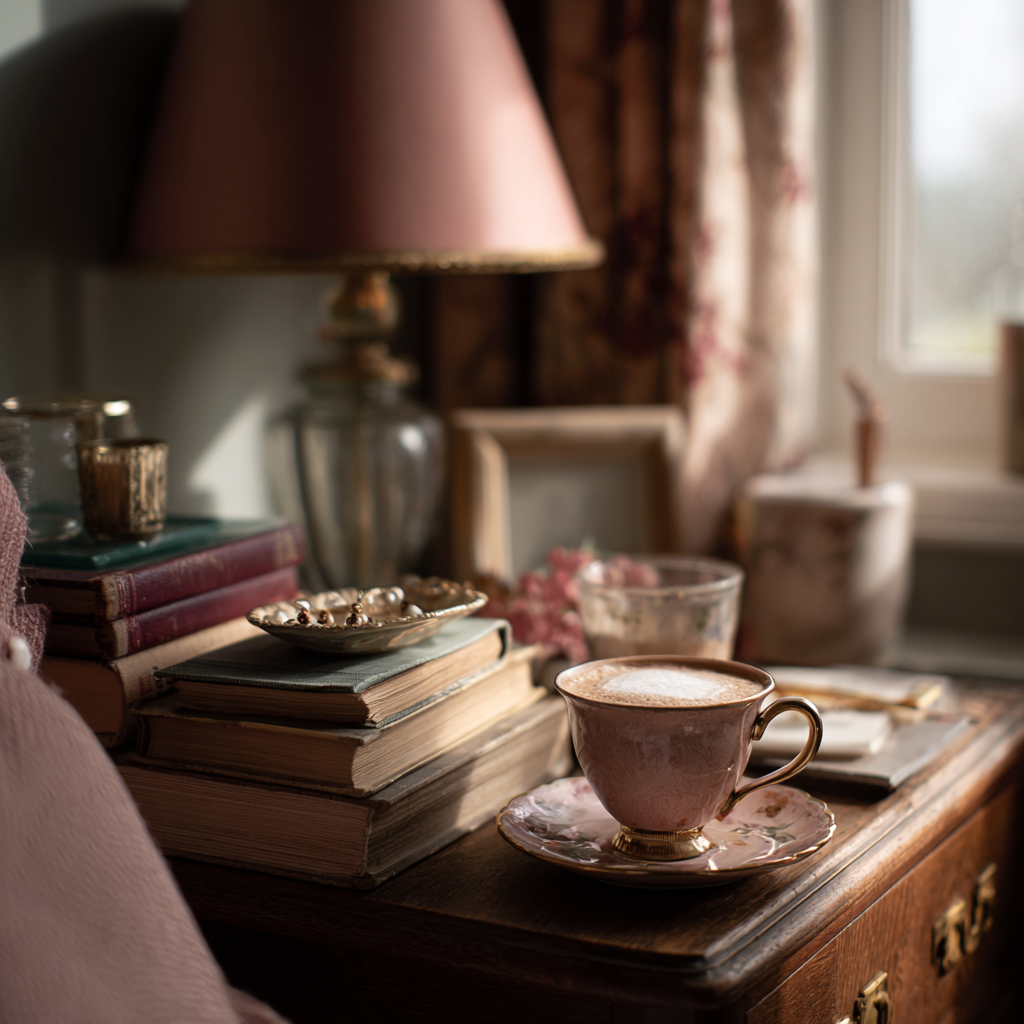 Close-up of a bedside table styled simply with a small dish, vintage clock and candle, keeping the surface clutter-free.