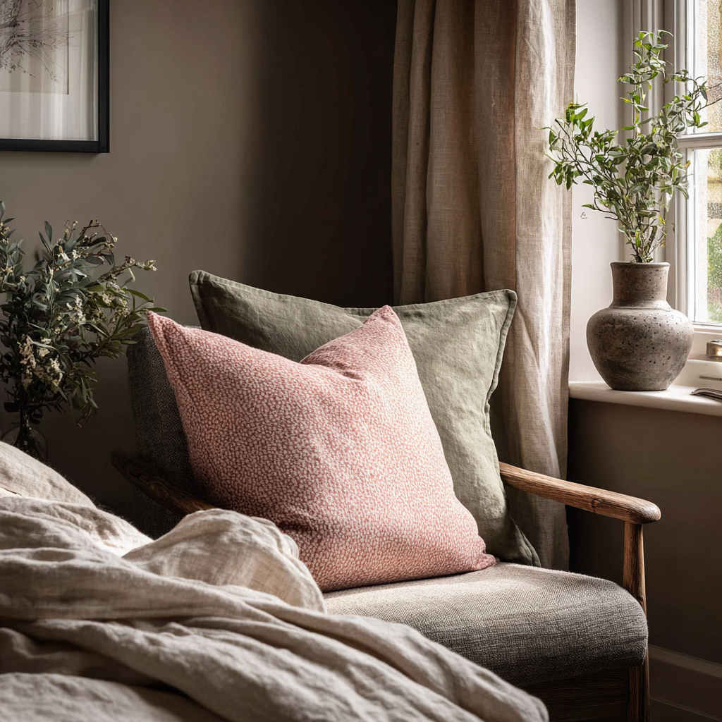 Layered bedroom textures with linen bedding and a wool throw draped over a chair, adding softness to a calm bedside corner.