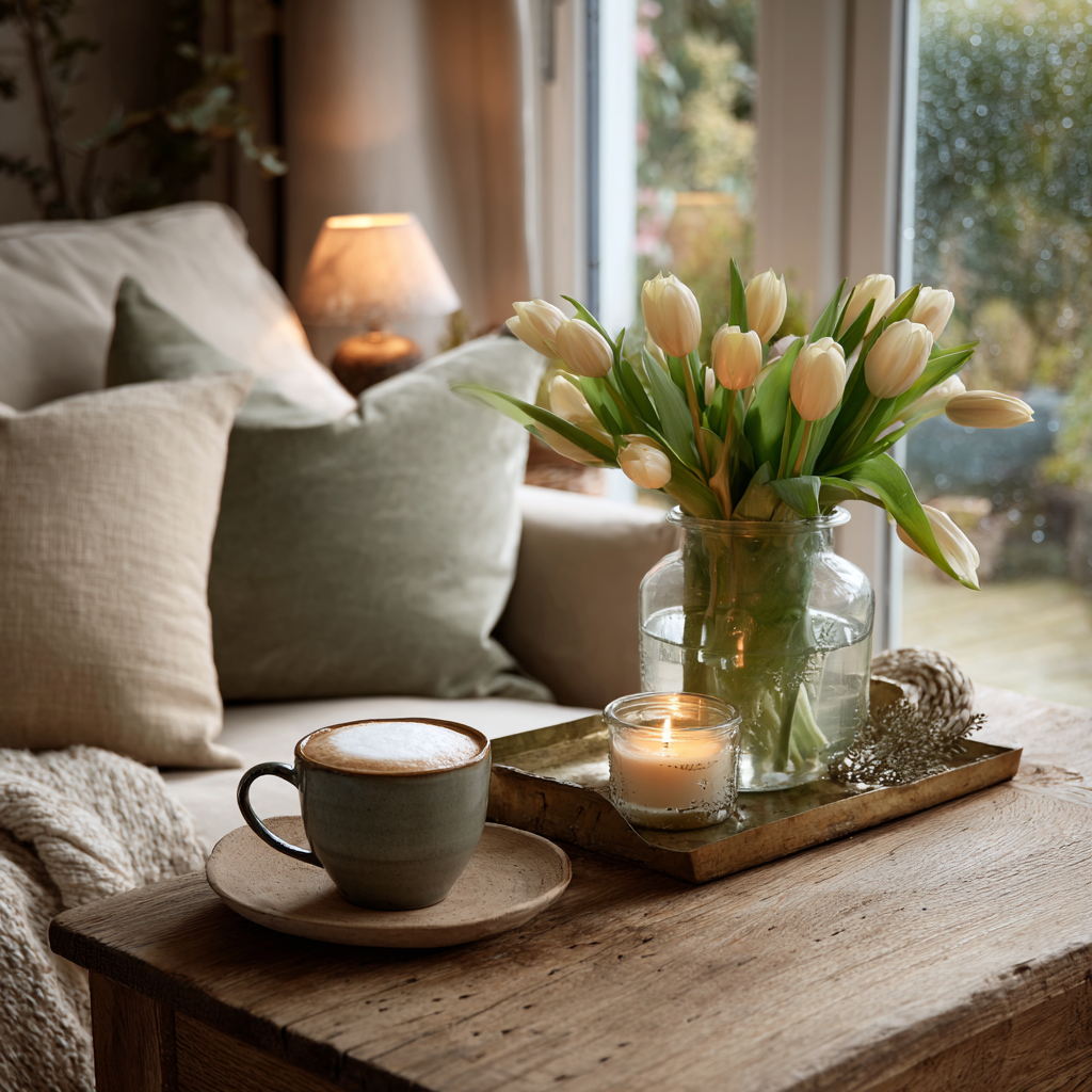 Cosy armchair beside a window with a brass lamp, sage throw and pale tulips for an early spring living room refresh.