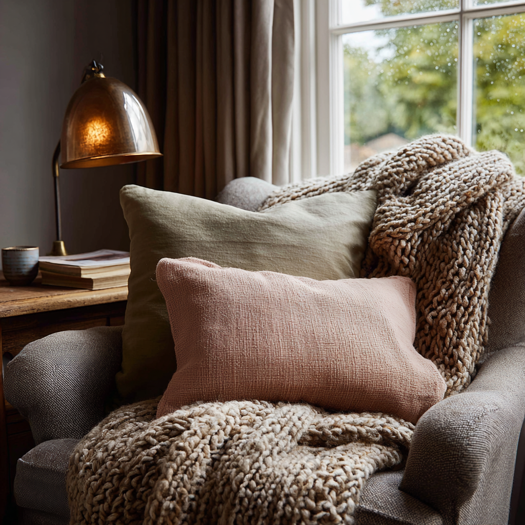Curved sideboard styled with a brass tray, candle and pale tulips near a window for a bright early spring home decor update.