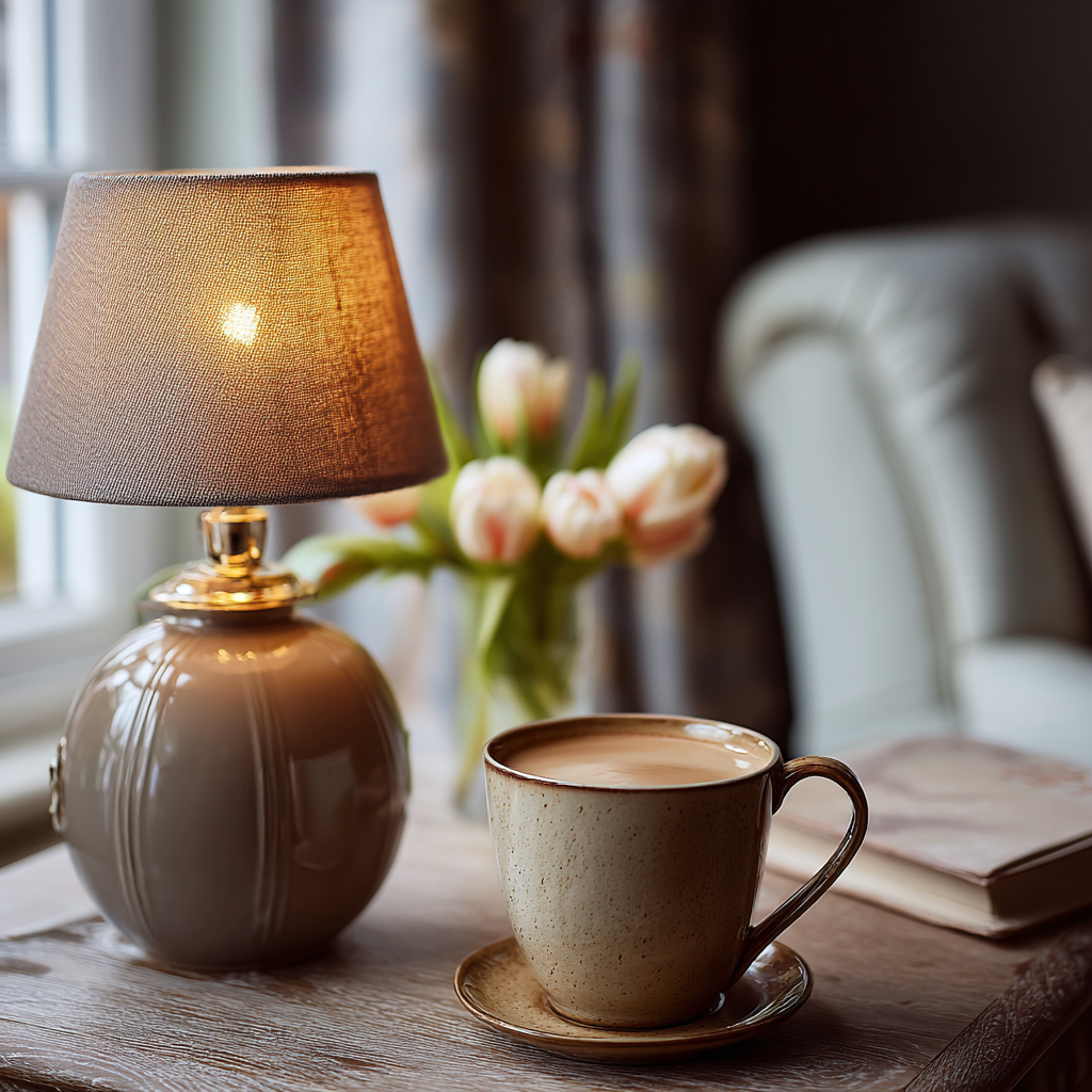 Cosy armchair beside a window with a brass lamp, sage throw and pale tulips for an early spring home decor refresh.