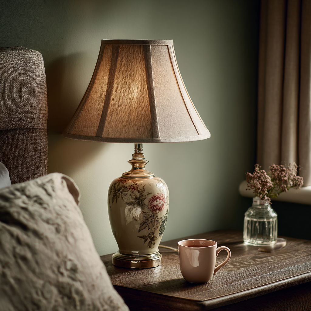 Warm bedside lamp casting a gentle glow on a muted wall, showing how soft lighting makes a bedroom corner feel calmer.