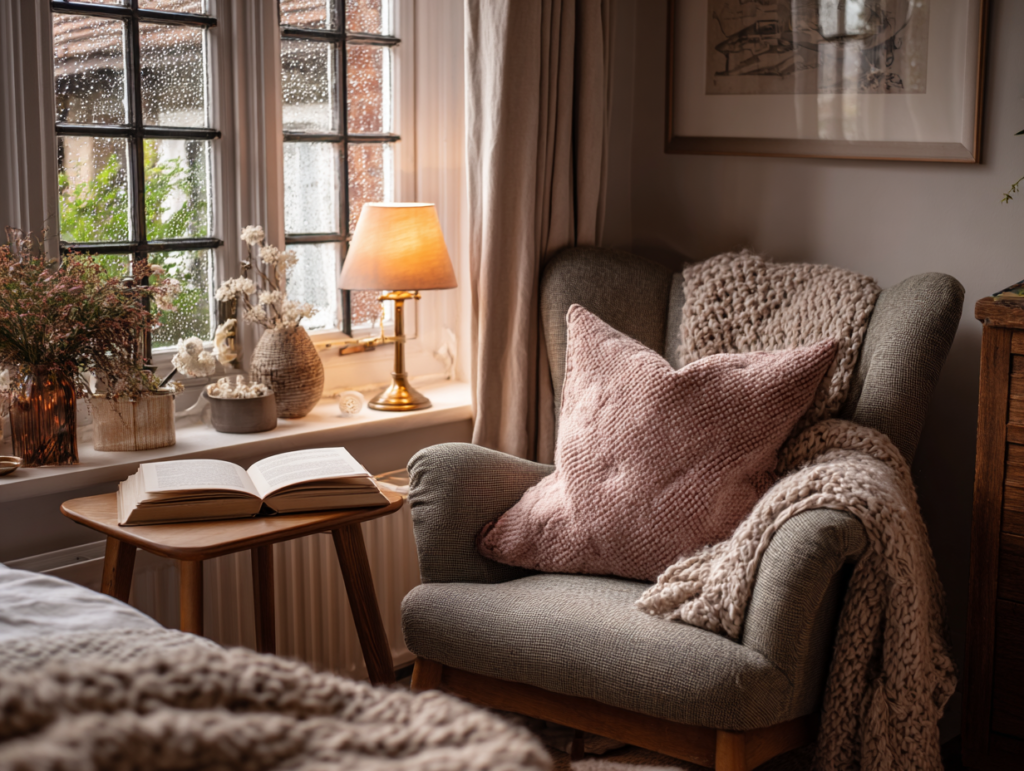 Cosy bedroom corner with a chair, warm bedside lamp, muted sage throw and dusty pink cushion, styled to feel calm and lived in.