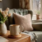 Cosy armchair beside a window with a sage throw and pale tulips for an early spring living room refresh.