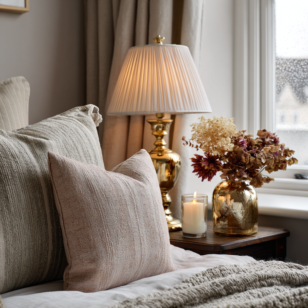 Small vintage-style shelf vignette with a framed photo, dried flowers and brass details, adding a quiet nostalgic touch beside the bed.